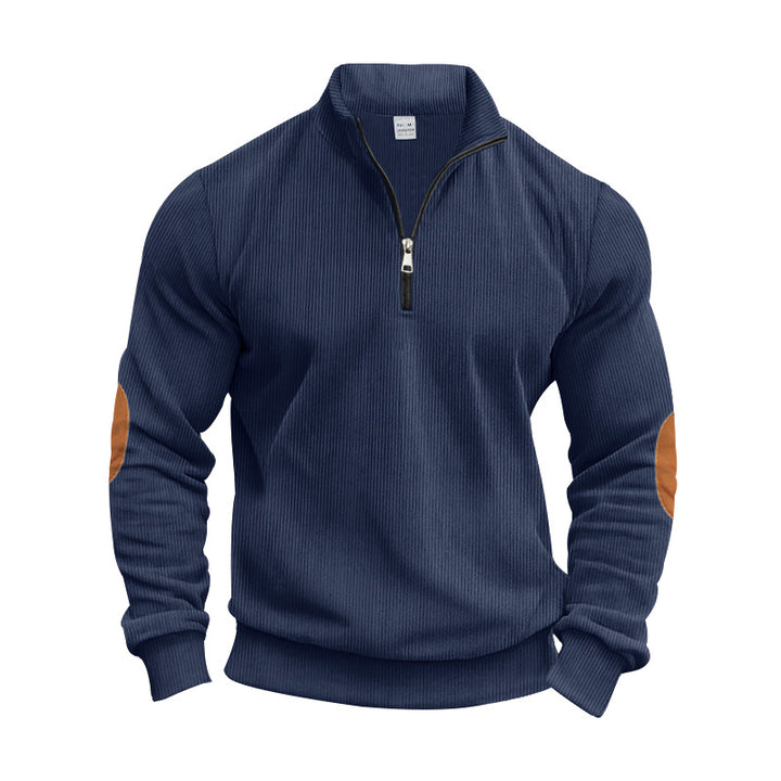 Men's structured cotton knit pullover with half zipper and elbow patches StylebySassy