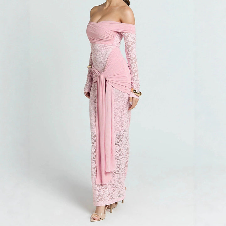Women Elegant Lace Dress with Off-Shoulder Neckline and Draping StylebySassy