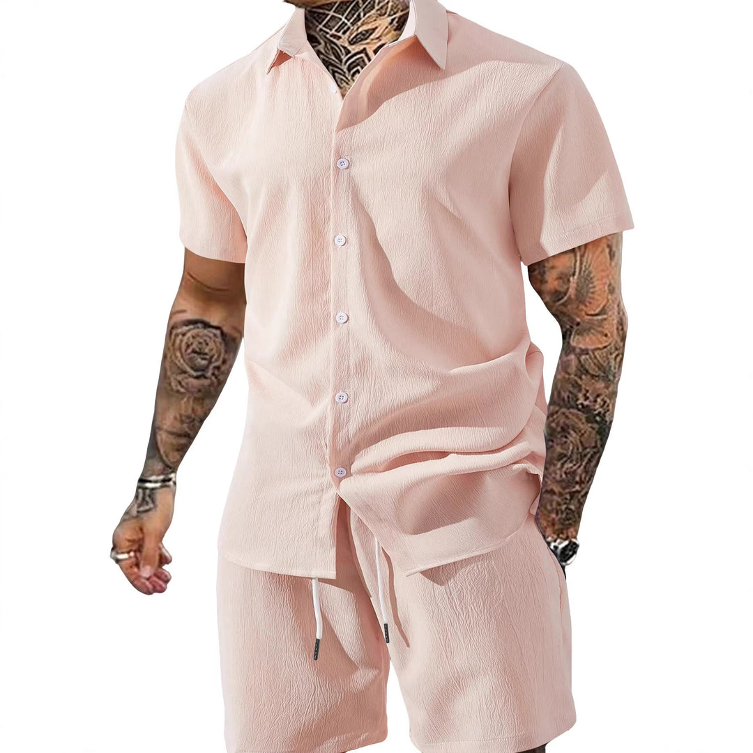 Men's Crinkle Lounge Set with Open Lapel Shirt, Integrated Short Sleeve T-Shirt, and Drawstring Bermuda StylebySassy