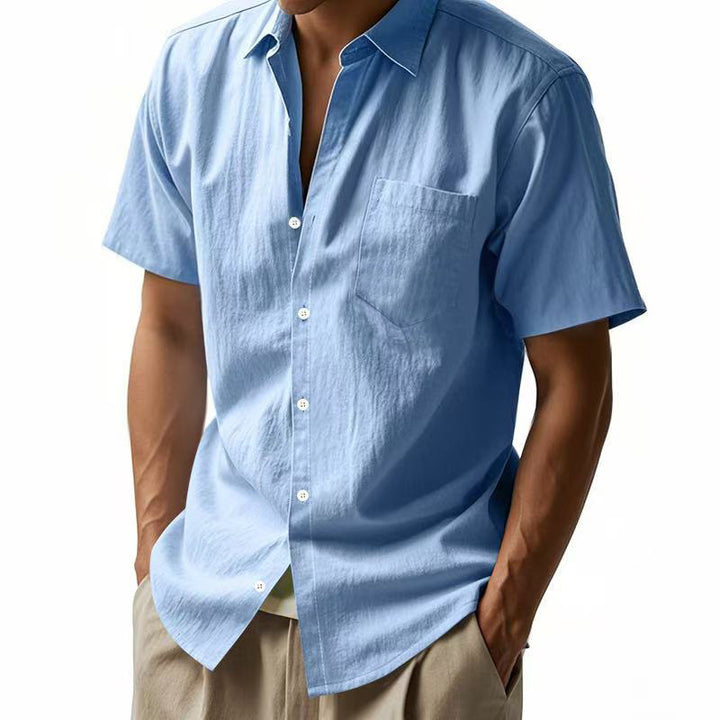 Men's short-sleeved cotton-linen casual shirt with Kent collar, chest pocket, and continuous button placket StylebySassy
