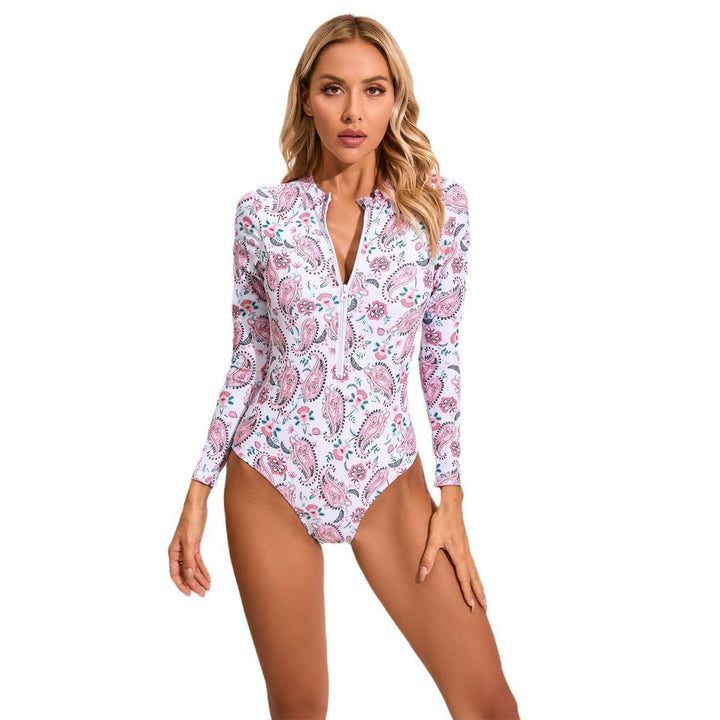 Women's High Neck One-Piece Swimsuit with Zip and Floral Pattern StylebySassy