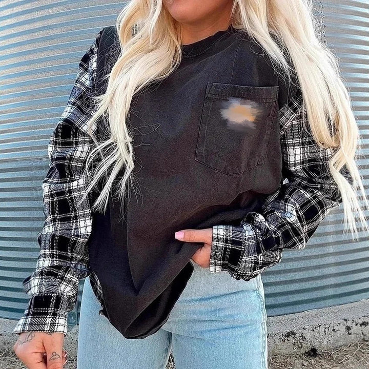 Women's oversized sweatshirt in mixed materials with checkered sleeves and applied chest pocket StylebySassy