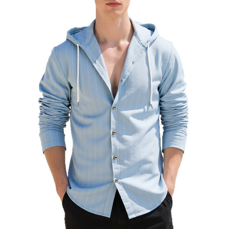 Men's modern hooded shirt with slim fit, continuous button placket, and fine pinstripe structure StylebySassy