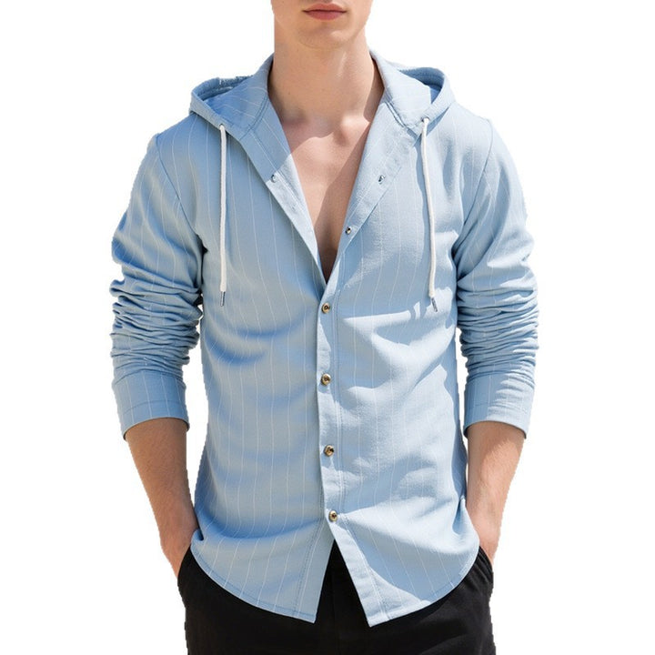 Men's modern hooded shirt with slim fit, continuous button placket, and fine pinstripe structure StylebySassy