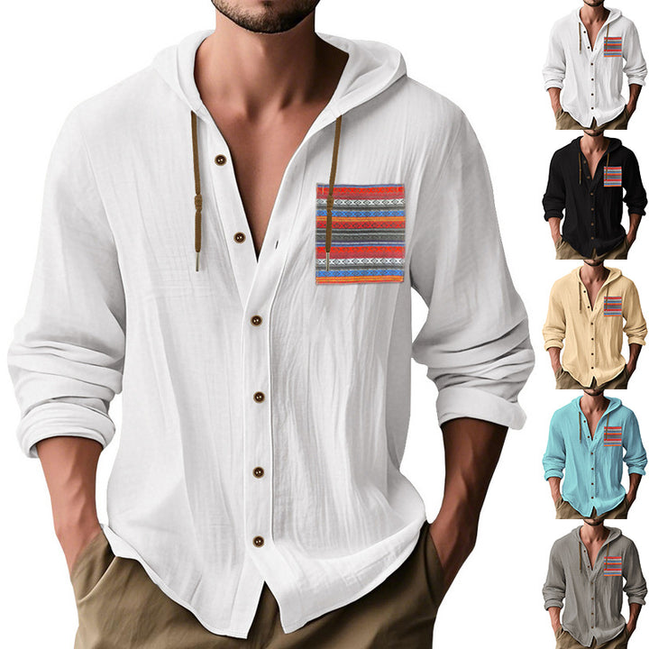 Men's lightweight hooded shirt jacket made of structured cotton blend with ethnic chest pocket and button placket StylebySassy