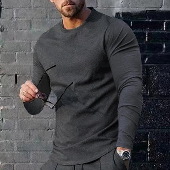 Men's narrow cut long sleeve shirt with round neckline elastic cotton stretch and extended hem StylebySassy