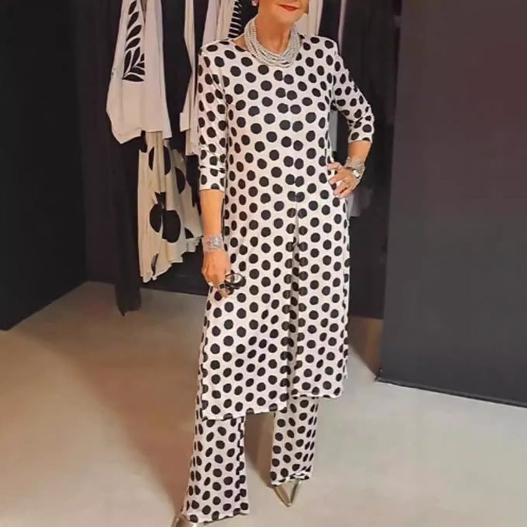 Women Nan Polka Dot Lounge Set with Long A-Line Tunic, Center Front Slit, and Wide Palazzo Pants StylebySassy