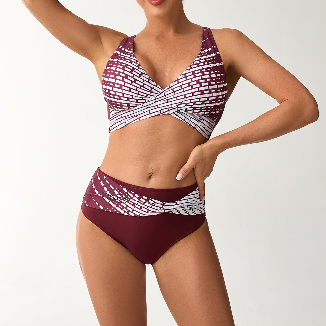 Women's High-Waisted Bikini Set with Laced Top and Graphic Accents StylebySassy