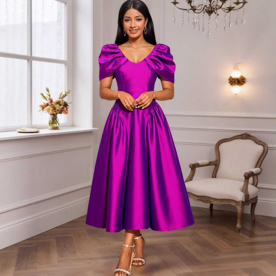 Ladies Elegant Satin Evening Dress with Voluminous Puff Sleeves StylebySassy