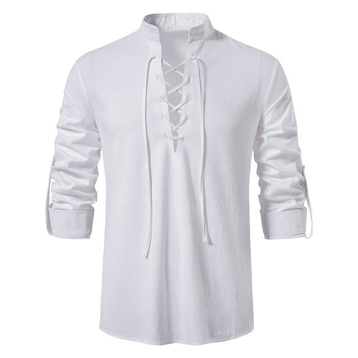 Men's casual lace-up shirt with stand-up collar, linen-cotton blend and roll-up sleeve tabs StylebySassy