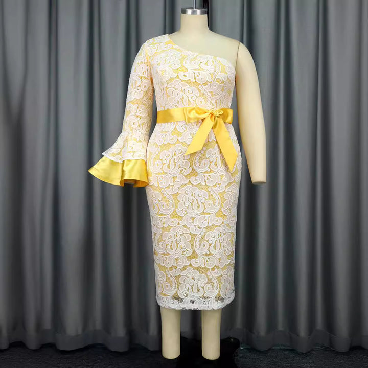 Women's lace dress with asymmetric cut and elegant flounce sleeves StylebySassy