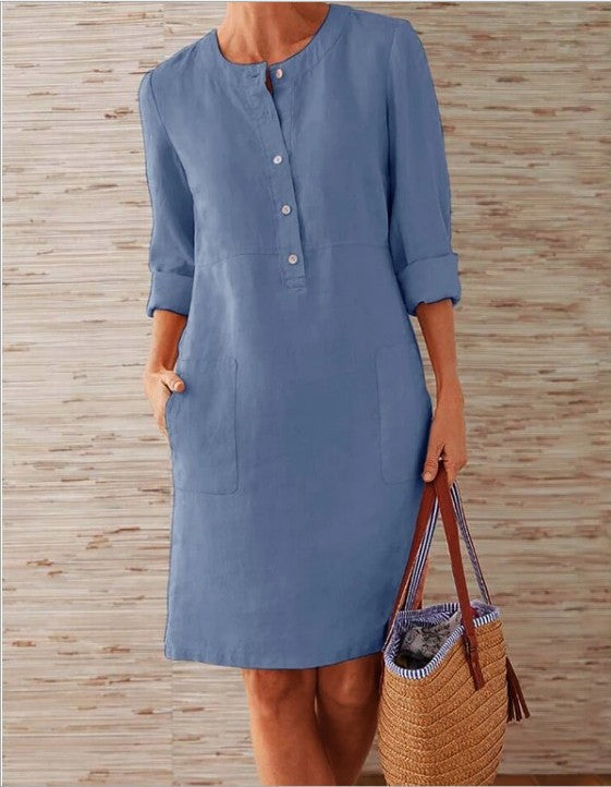 Women’s Lightweight Linen Dress with Practical Pockets and Trendy Button Design StylebySassy