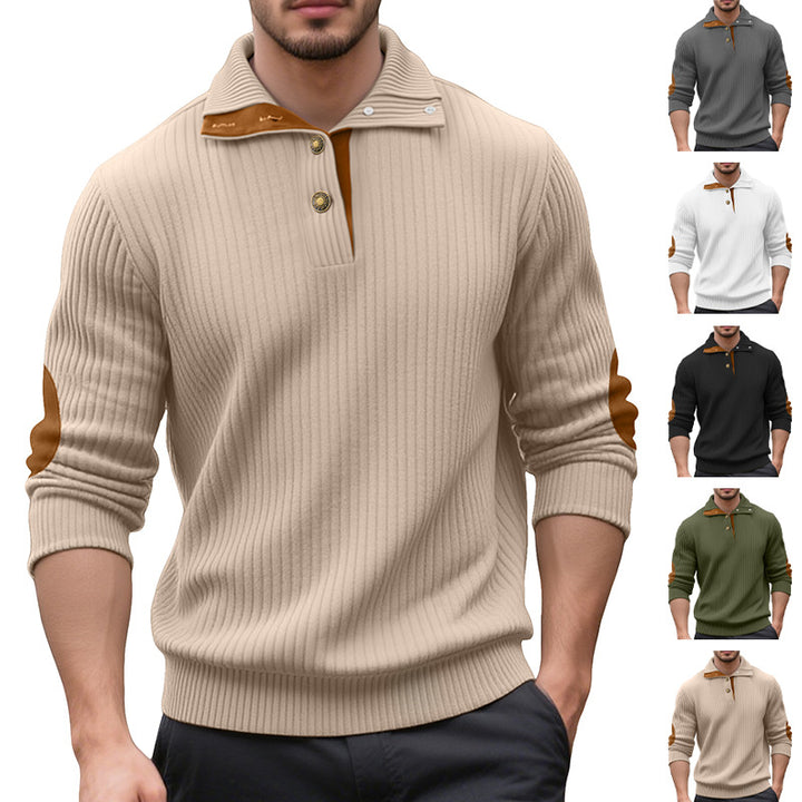 Men's ribbed half-button pullover with Kent collar and leather trim StylebySassy