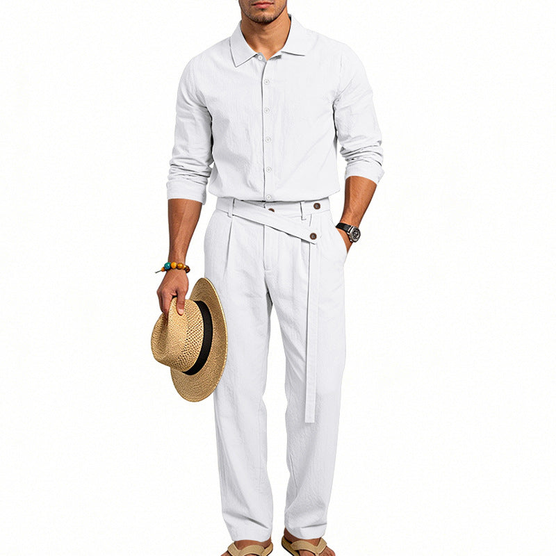 Men's elegant linen two-piece set with shirt and high-waisted pants with tie belt StylebySassy