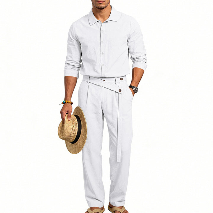 Men's elegant linen two-piece set with shirt and high-waisted pants with tie belt StylebySassy