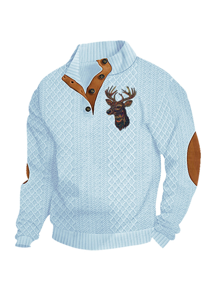 Men's nan Heritage textured pullover with stand-up collar faux leather trim elbow patches and half-button placket StylebySassy