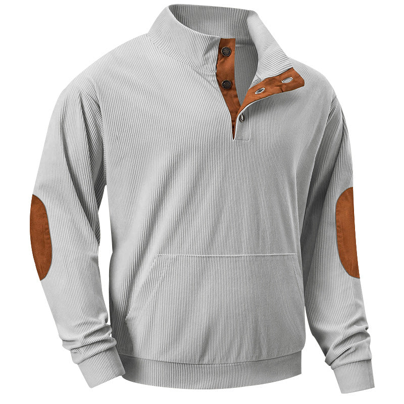 Men's fine ribbed stand-up collar sweater with button placket, kangaroo pocket, and suede elbow patches StylebySassy