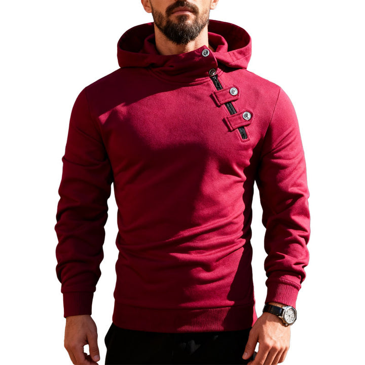 Men's fitted hoodie with high collar, decorative tabs and concealed diagonal zipper StylebySassy