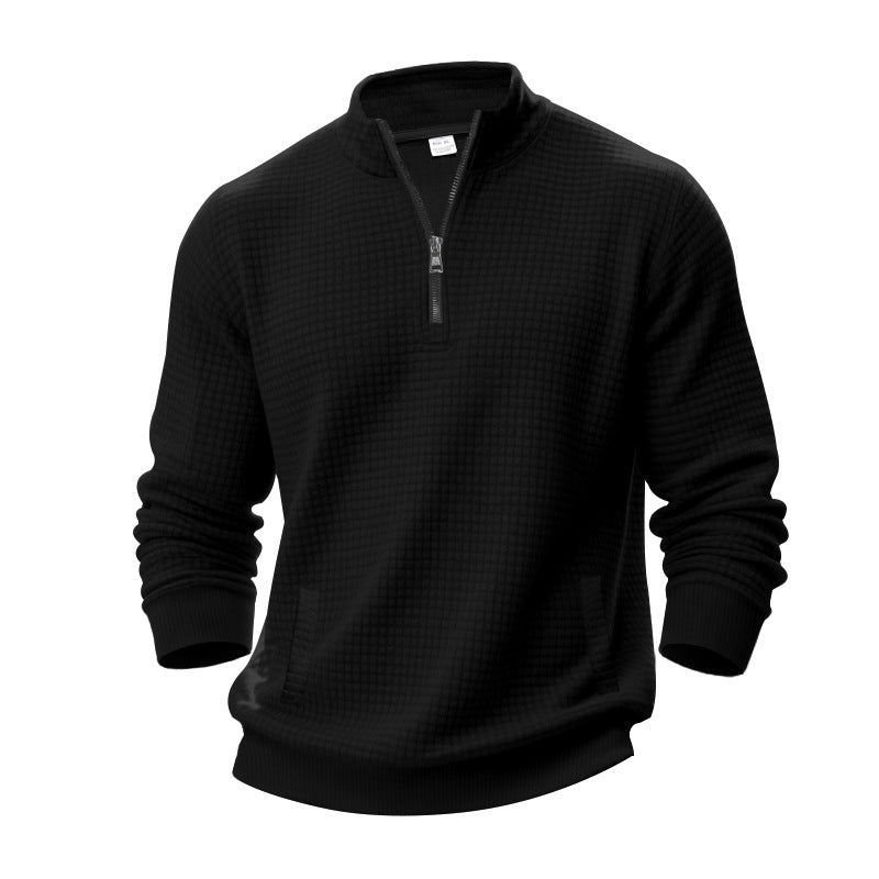 Men's waffle texture half-zip pullover with stand-up collar and subtle side pockets StylebySassy