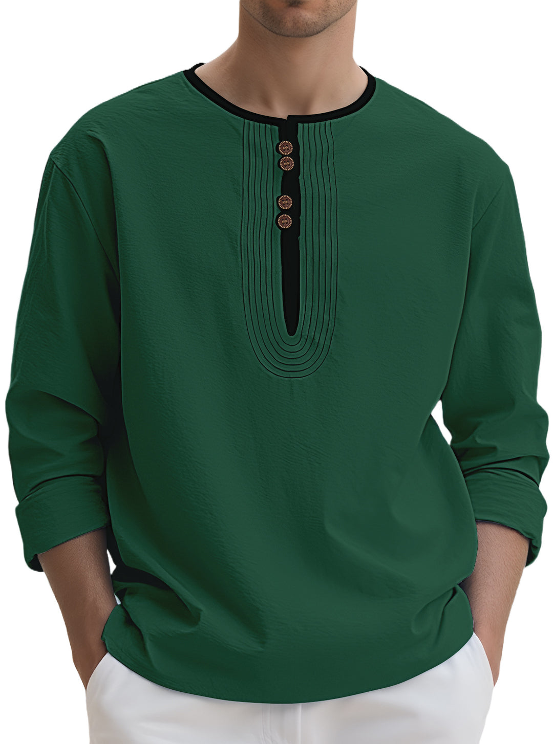 Men's loosely cut long sleeve kurta top with decorative pleats and wooden button placket StylebySassy