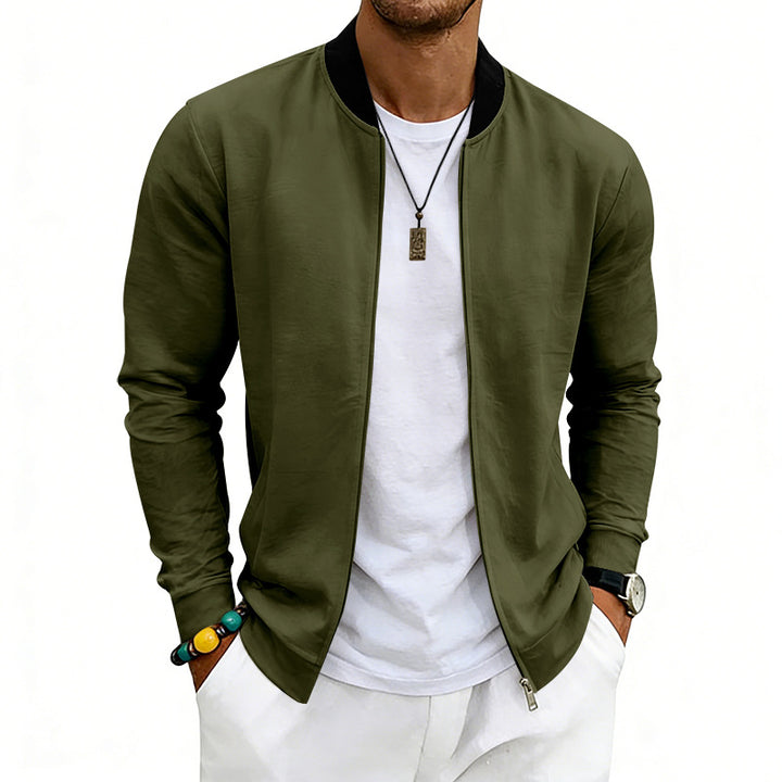 Men's lightweight bomber jacket made of jersey with stand-up collar, elastic cuffs, and concealed pockets StylebySassy