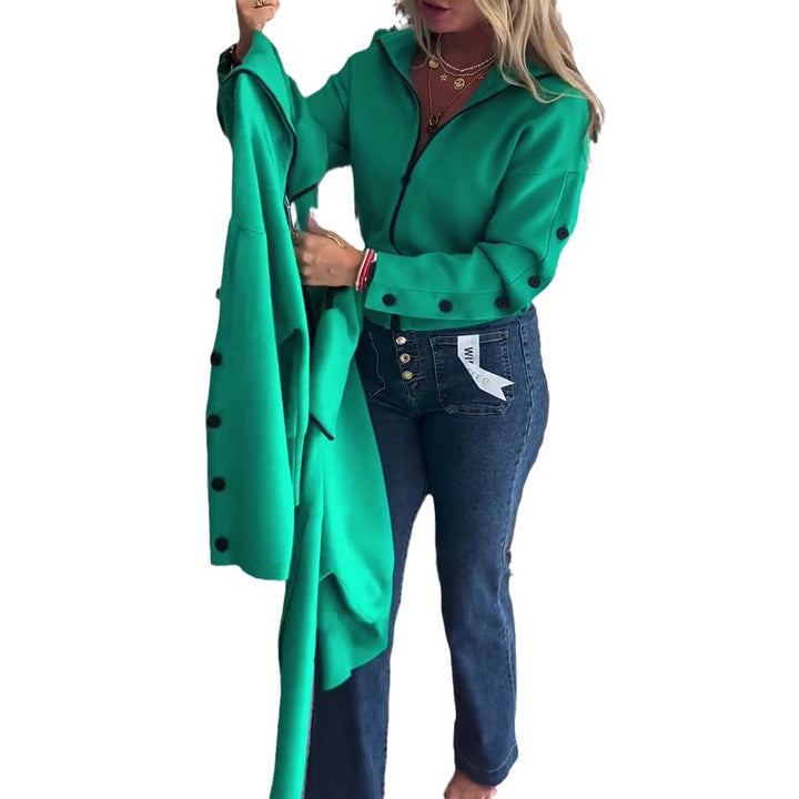 Women's short hooded knitted zip jacket with wide ribbed hem and decorative buttons on sleeves StylebySassy