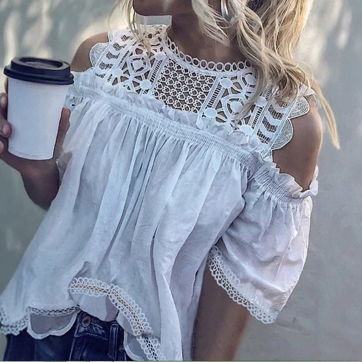 Women’s airy cold-shoulder blouse with crocheted stand-up collar, gathered bust area, and wavy hem StylebySassy