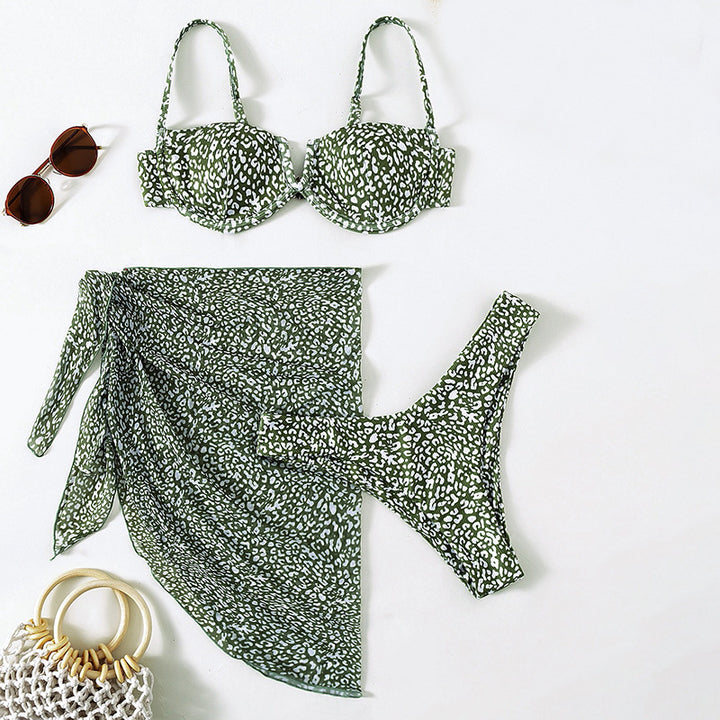 Women's bikini set with a modern animal pattern and elegant wrap skirt StylebySassy