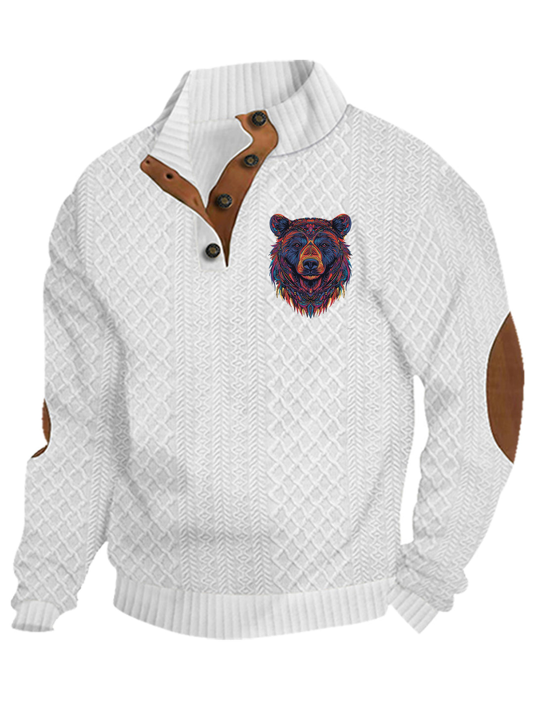 Men's nan Heritage textured pullover with stand-up collar faux leather trim elbow patches and half-button placket StylebySassy