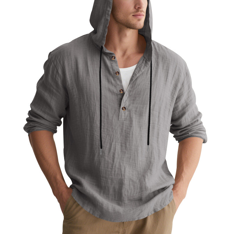 Men's casual linen henley with hood, drawstring and three-button placket StylebySassy