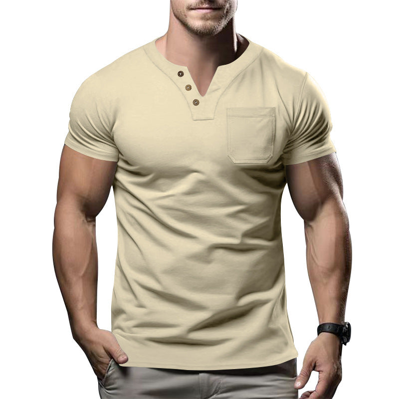 Men's body-hugging cotton stretch short-sleeve shirt with split V-neck, decorative button placket, and chest pocket StylebySassy