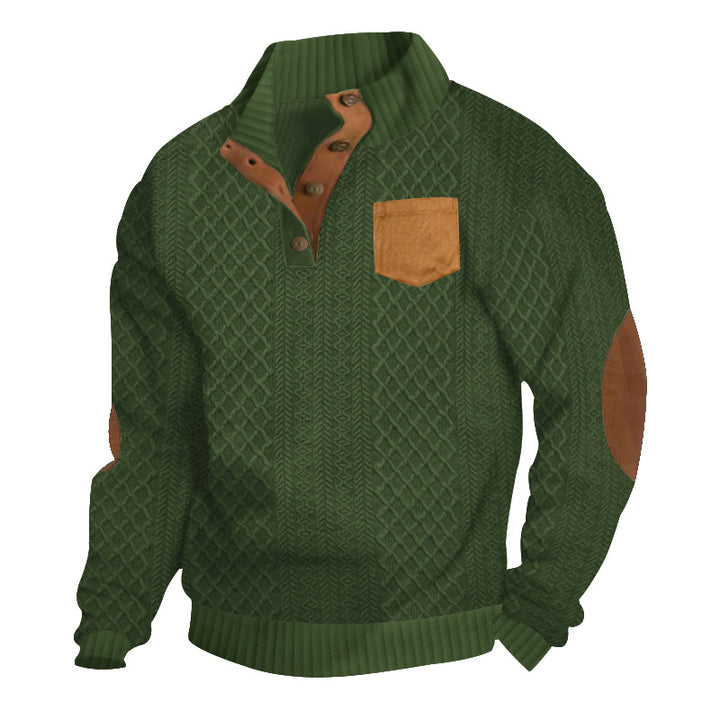 Men's cable-knit sweater with stand collar, button placket, patch breast pocket, and leather-look elbow patches StylebySassy