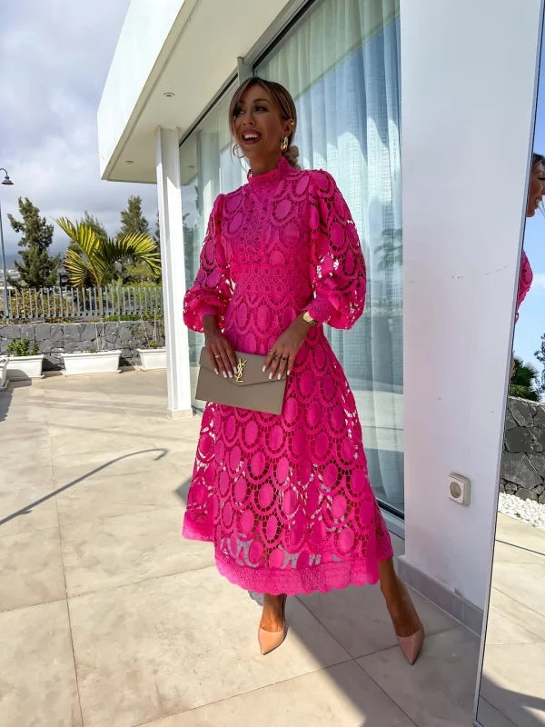 Women's crocheted midi dress with stand-up collar, transparent lace sleeves, and fitted A-line StylebySassy