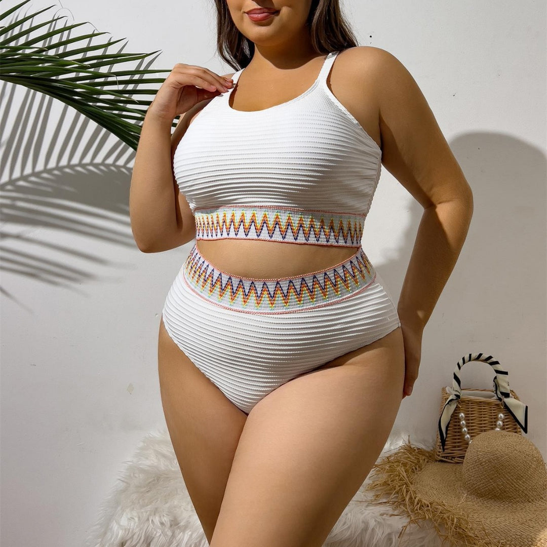 Ladies Sporty Two-Piece Swimsuit with Unique Cut-Out Design and Colorful Banner Pattern StylebySassy
