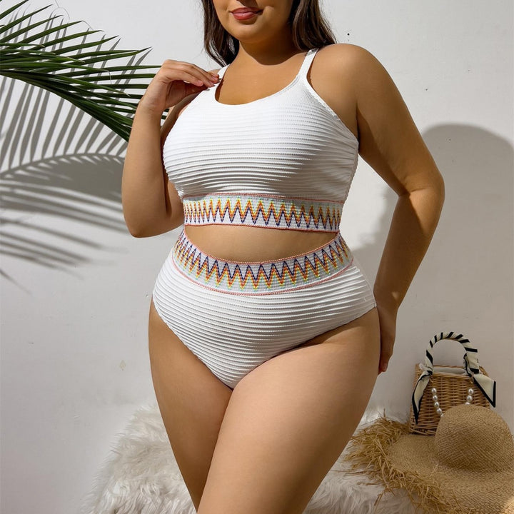 Ladies Sporty Two-Piece Swimsuit with Unique Cut-Out Design and Colorful Banner Pattern StylebySassy