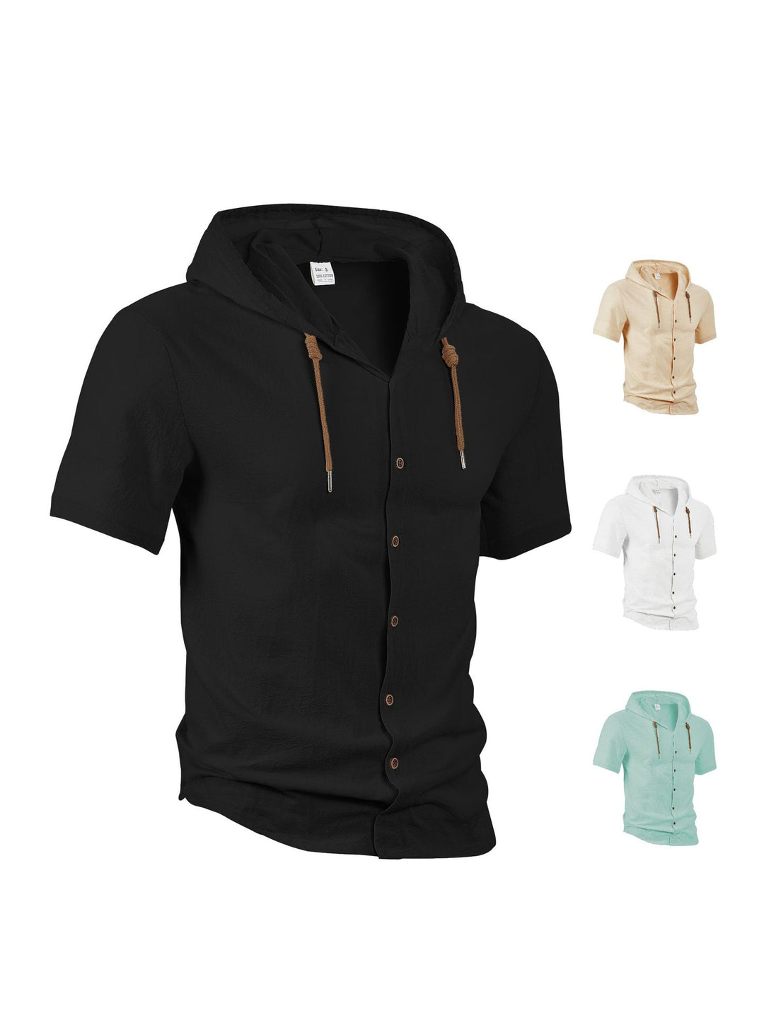 Men's short-sleeved hooded shirt with button placket, drawstring and linen look StylebySassy