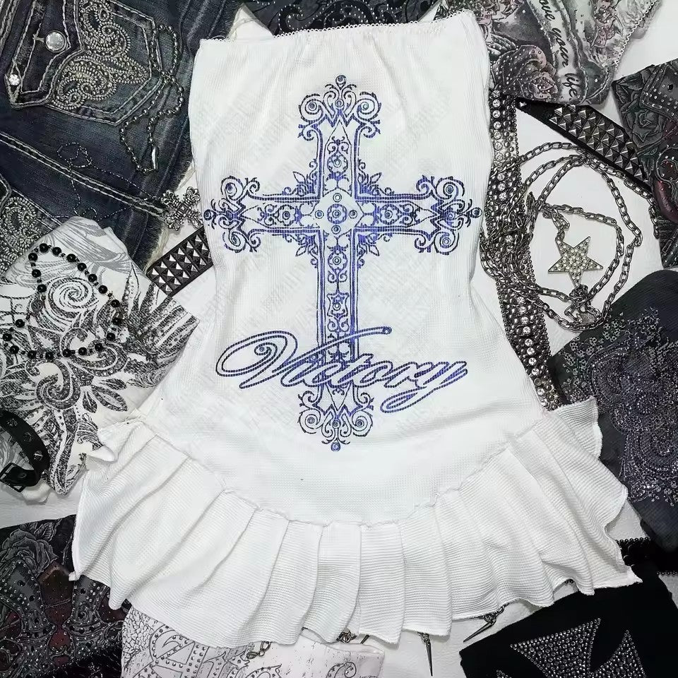Women's Fitted Ruffled Dress with Cross Motif StylebySassy