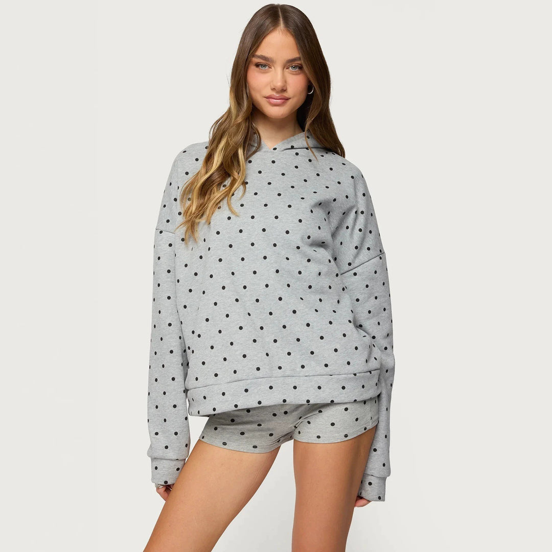 Women's dotted comfort set with hooded sweatshirt, kangaroo pocket and shorts StylebySassy