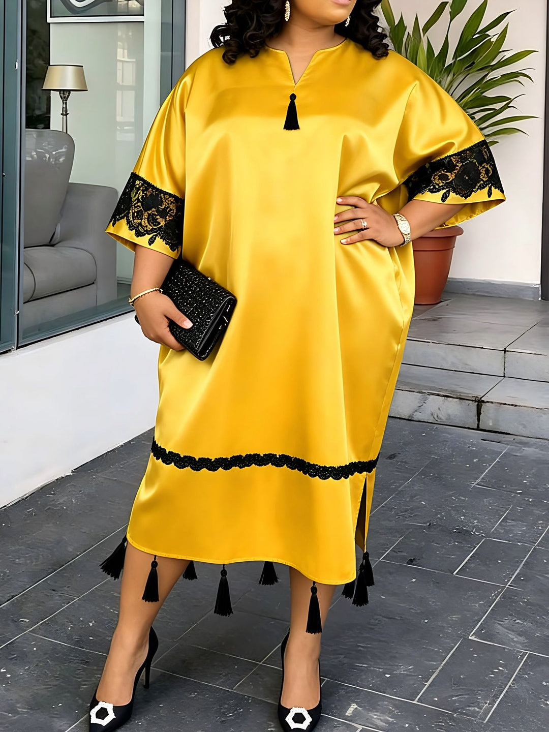 Women's Elegant Satin Kaftan Robe with Lace Accents StylebySassy