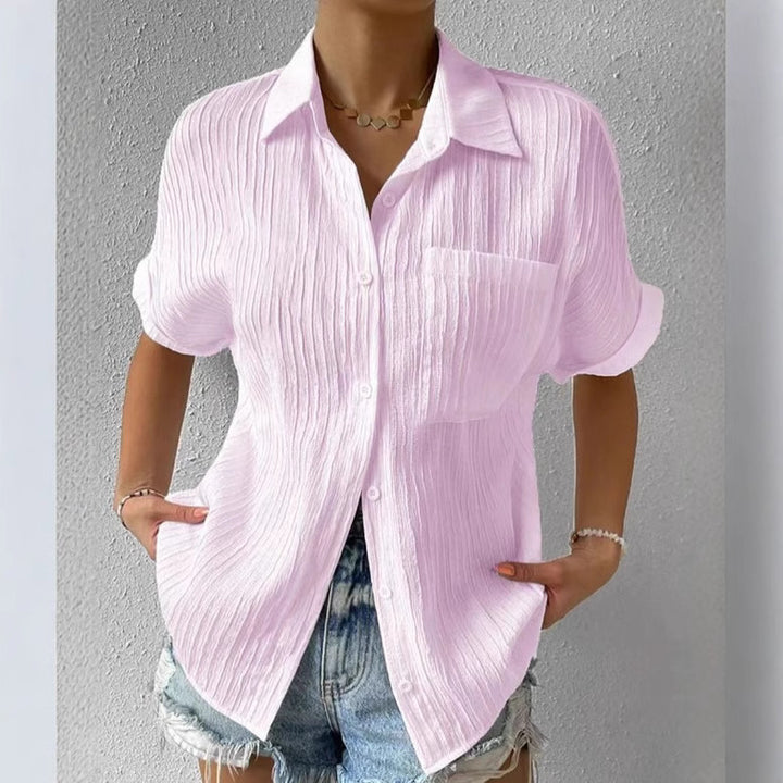 Women's crinkle effect shirt blouse with breast pocket, rolled sleeves and loose fit StylebySassy