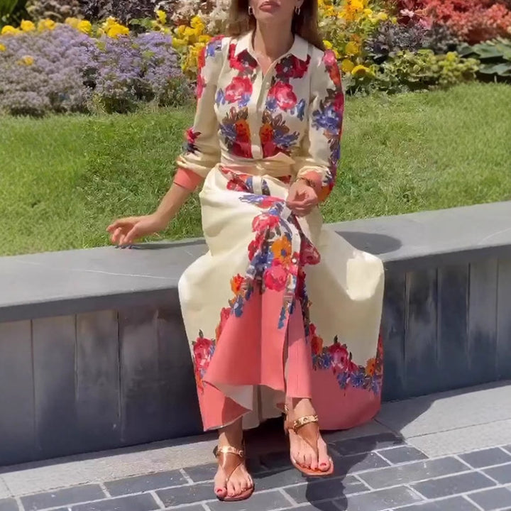 Women's long hem blouse dress with floral print, tie belt, and ruffle trim StylebySassy