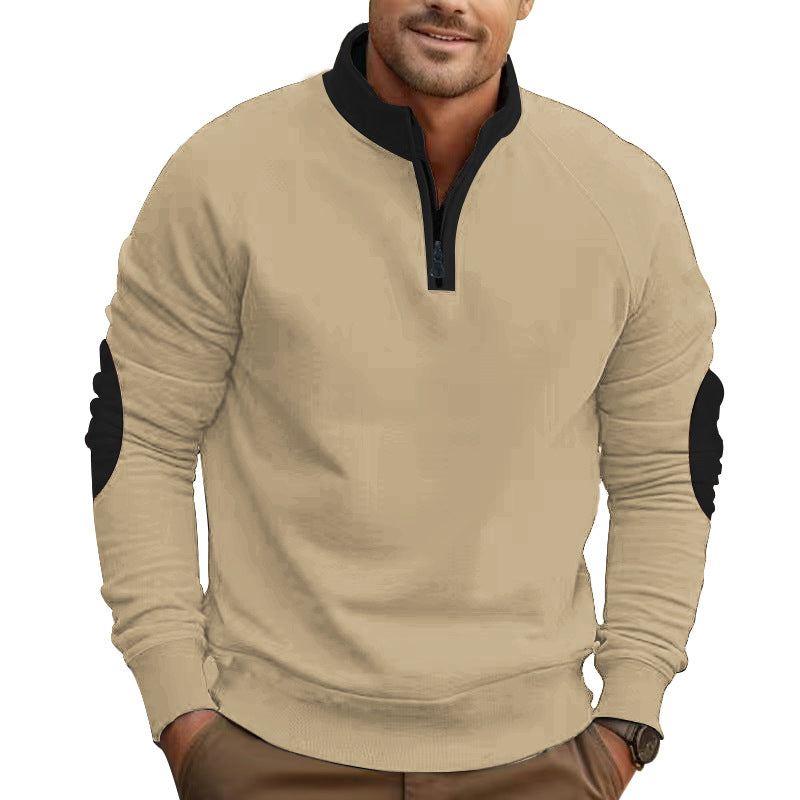 Men's raglan pullover with short zip, stand-up collar and ergonomic elbow panels StylebySassy