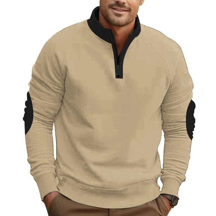 Men's raglan pullover with short zip, stand-up collar and ergonomic elbow panels StylebySassy