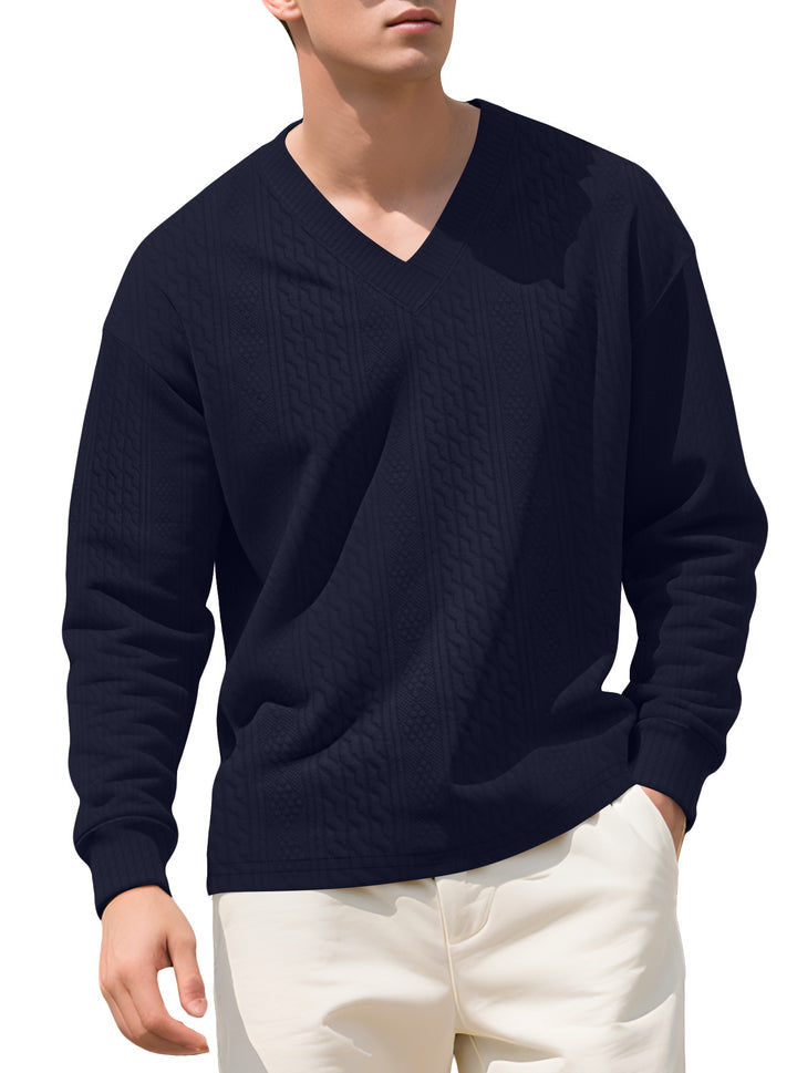Men's structured V-neck knitted sweater with cable and honeycomb pattern StylebySassy