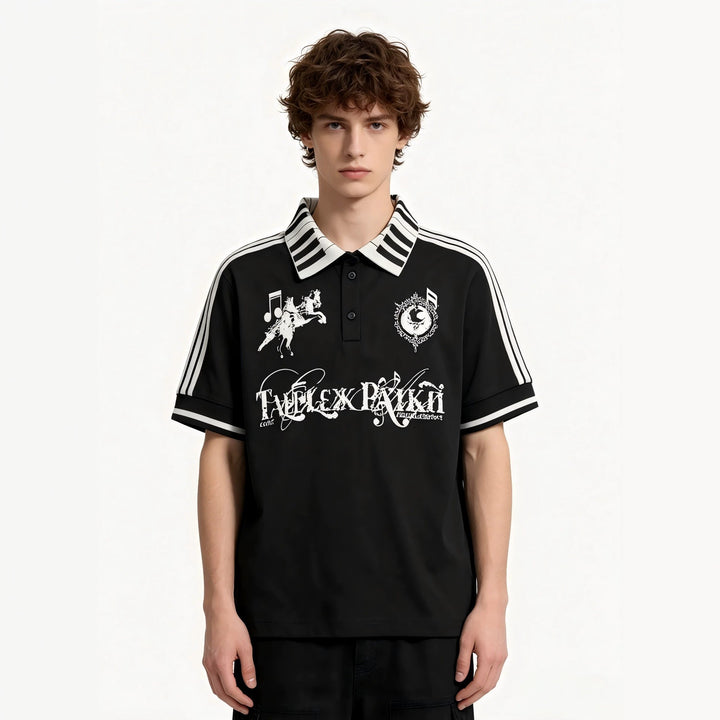 Women's polo shirt with creative print and striped pattern StylebySassy