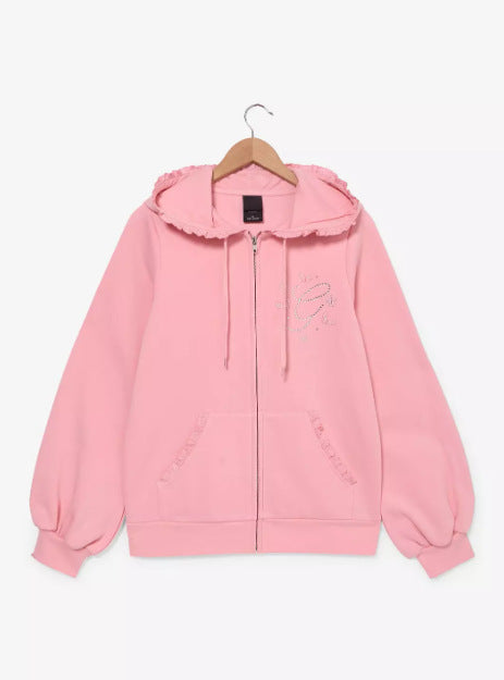 Women's Ruffled Hooded Sweat Jacket with Balloon Sleeves and Rhinestone Logo StylebySassy