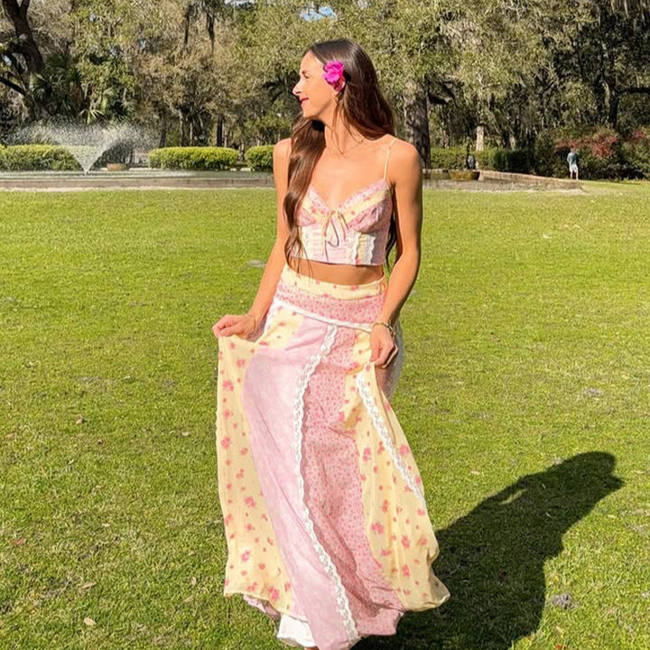 Women romantic crop top with spaghetti straps and tiered patchwork maxi skirt StylebySassy