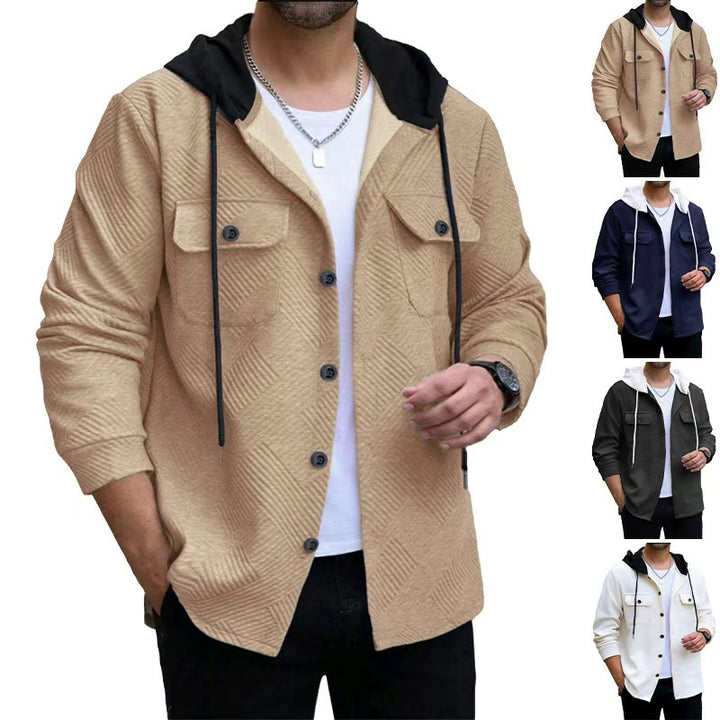 Men's structured overshirt jacket with quilted diagonal structure, contrast hood, and patch chest flaps StylebySassy