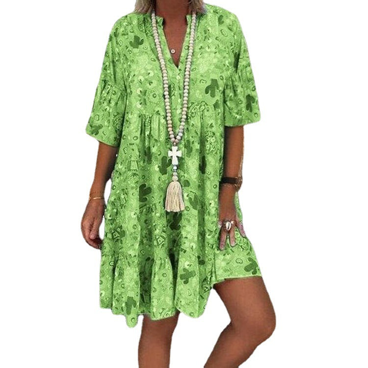 Women's A-line tunic mini dress with V-neck, tiered ruffles, and Boho bandana print StylebySassy