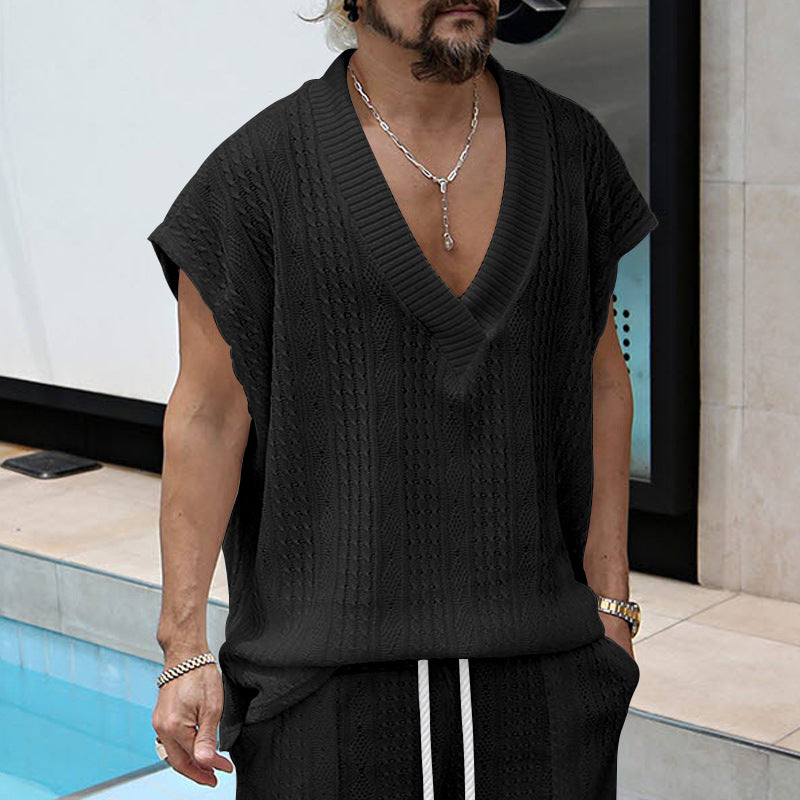 Men's knitted top made of coarse knit with deep V-neck and textured pattern StylebySassy